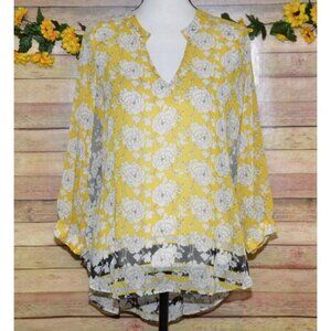 Cabi Ladies Yellow Floral Sheer V-Neck Blouse Top Size M Tie Waist Casual Career